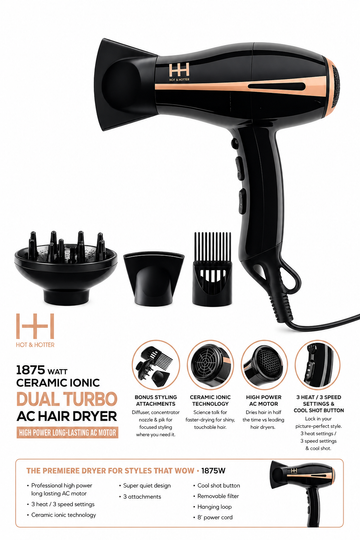 Hot & Hotter 1875W Ceramic Ionic Dual Turbo AC Hair Dryer