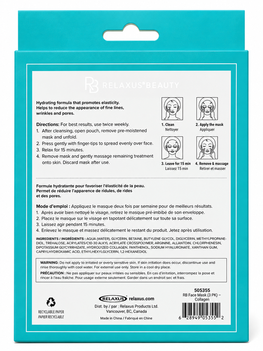 Relaxus Beauty Collagen Pre-Moistened Face Mask – 3 Pack